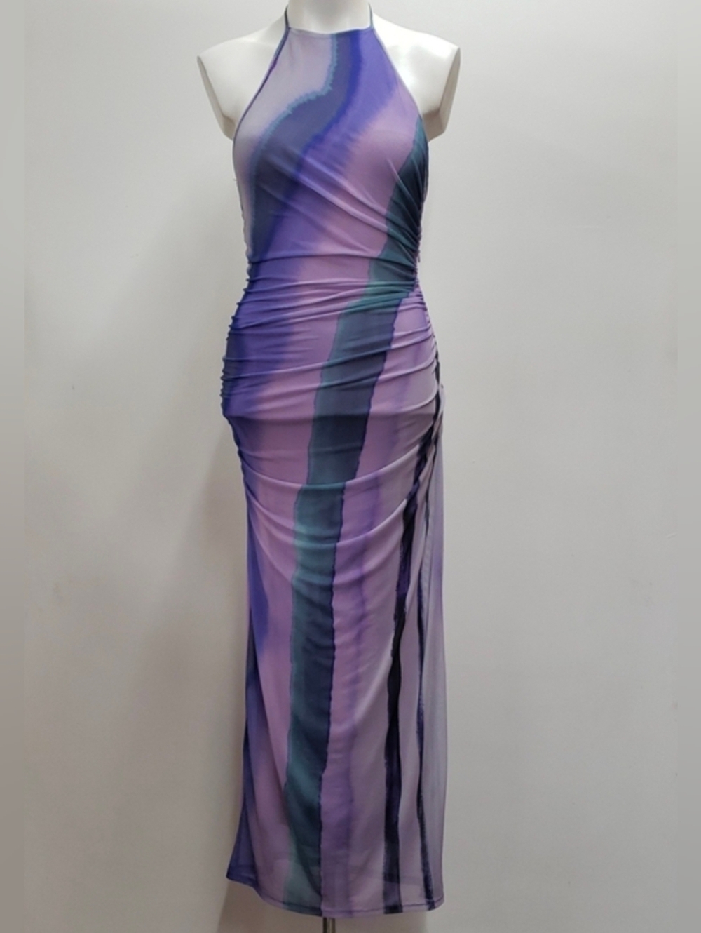 Zara Halter Marble Print Mesh Fabric  Midi Dress  Women's Small Purple Rainbow